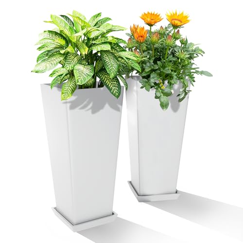 YESUNEED 24" TALL PLANTERS SET OF 2 OUTDOOR INDOOR USE TAPERED FLOWERPOTS WHTE - Like New