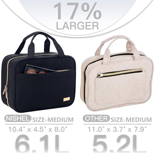 NISHEL TRAVEL TOILETRY BAG FOR WOMEN, PORTABLE HANGING ORGANIZER, MEDIUM - BLACK - Brand New