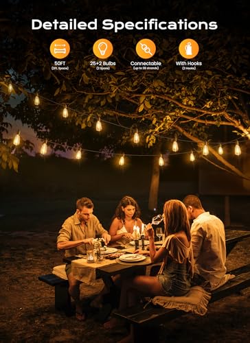 BRIGHTOWN 50FT OUTDOOR STRING LIGHTS 25 LED EDISON BULBS PATIO LIGHTS - BLACK - Like New