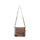 MYRA THE FLAP-OVER UPCYCLED CANVAS AND GENUINE LEATHER CROSSBODY BAG BROWN/GRAY - Brand New