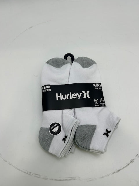 HURLEY MEN'S 6 PACK LOW CUT SOCKS - SIZE: MEN 10 - WHITE AND GRAY - Brand New