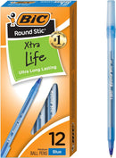 BIC ROUND STIC BALLPOINT PENS, MEDIUM POINT, 1.0 MM BLUE INK, PACK OF 12 - BLUE - Brand New