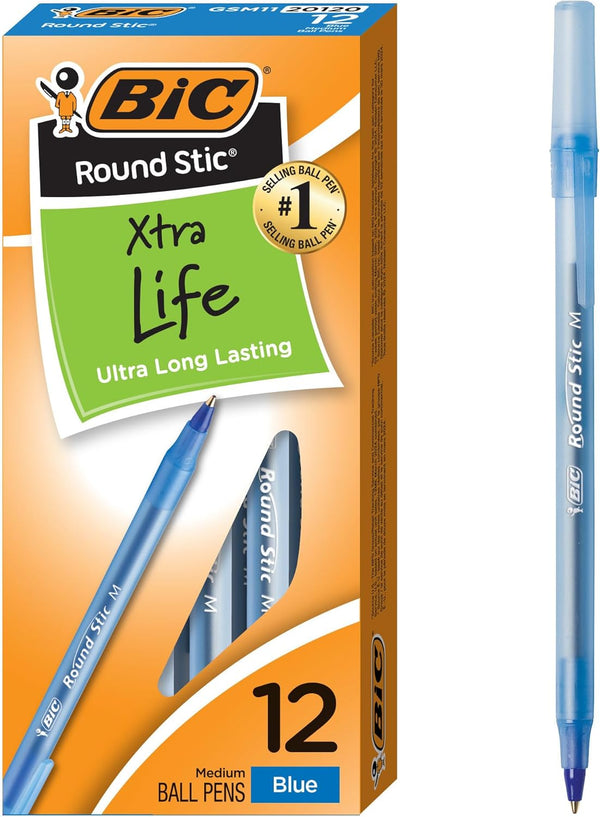 BIC ROUND STIC BALLPOINT PENS, MEDIUM POINT, 1.0 MM BLUE INK, PACK OF 12 - BLUE - Brand New