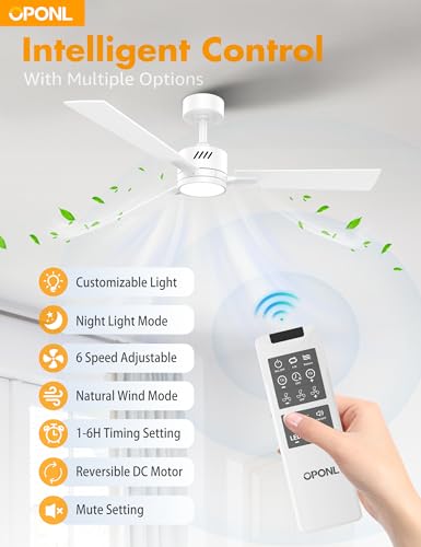 OPONL 42" CEILING FAN WITH LIGHT REMOTE CONTROL DOWNROD MOUNT NOISELESS - WHITE - Like New