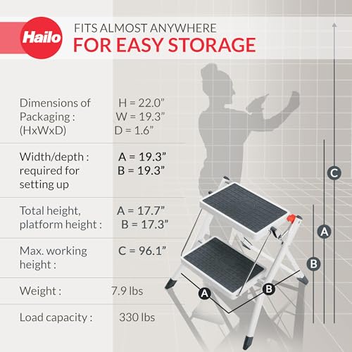 Hailo MK60 Mini Steel Step Stool - Two Large Anti-Slip Steps, 330 lb Capacity - Like New