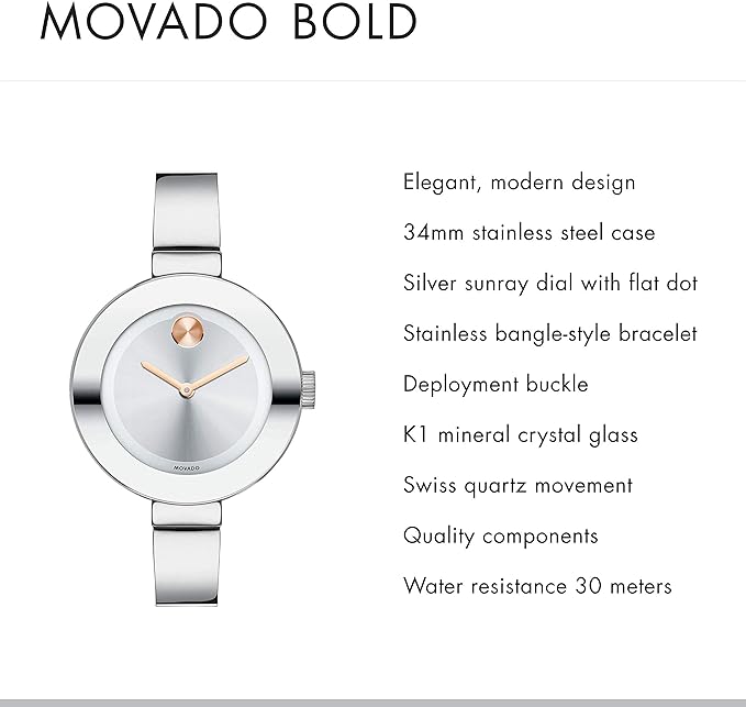 Movado Women's BOLD Bangles Stainless Steel Watch - Silver/Gold/Pink Like New