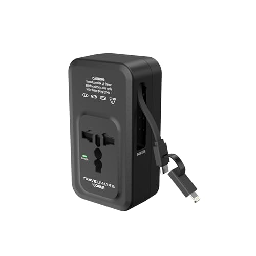 CONAIR TRAVEL SMART DOES-IT-ALL ADAPTER WITH CABLES & USB-A & C PORTS - BLACK - Like New