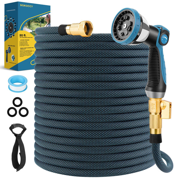 DOKOCCY GARDEN HOSE 50 FT KINK FREE WATER 10 SPRAY NOZZLE BRASS ALLOY - BLUE - Like New