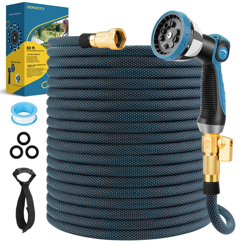 DOKOCCY GARDEN HOSE 50 FT KINK FREE WATER 10 SPRAY NOZZLE BRASS ALLOY - BLUE - Like New