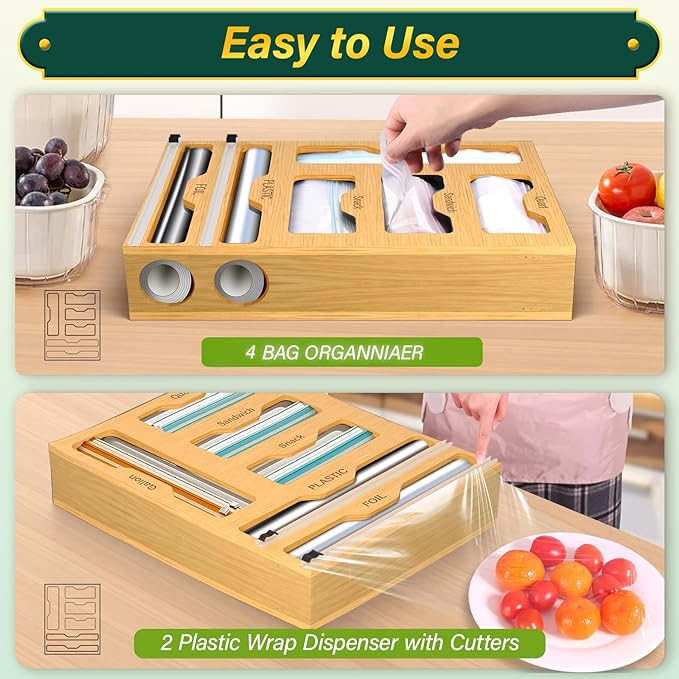 KOCWELL Bag Organizer Plastic Wrap Dispenser Cutter 6 In 1 - Scratch & Dent