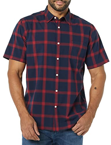 AMAZON ESSENTIALS MEN'S SHORT-SLEEVE POPLIN NAVY RED BUFFALO PLAID SIZE M - Brand New