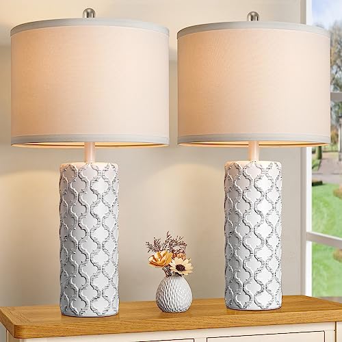 Set of 2 Farmhouse Ceramic Table Lamps, 26" Bedside Nightstand Lamps - White - Like New