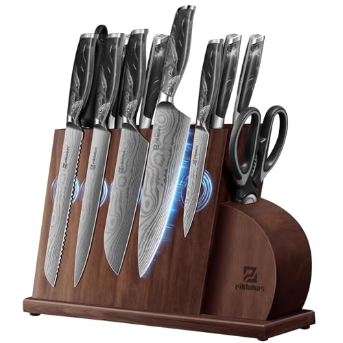 Piklohas 14 Pieces Kitchen Knife Set Magnetic Block Razor Sharp - Black/Cloud - Like New