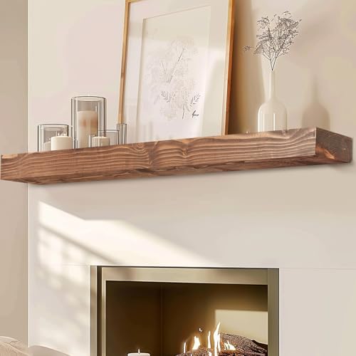 YLYHSST 72" FIREPLACE MANTEL, 3" THICK HANDMADE RUSTIC SOLID WOOD - BROWN - Like New