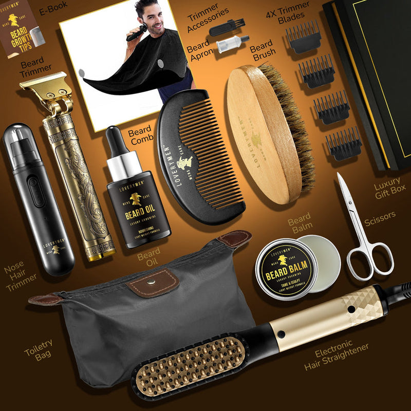 LOVERYMEN BEARD GROOMING KIT - 15PC LUXURY BEARD CARE - BLACK/GOLD - Like New