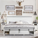 KING FARMHOUSE WOOD BED FRAME SLIDING BARN DOOR STORAGE NO BOX - ANTIQUE WHITE - Like New