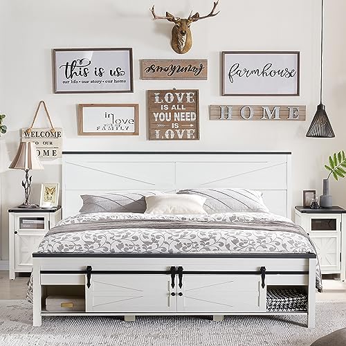 KING FARMHOUSE WOOD BED FRAME SLIDING BARN DOOR STORAGE NO BOX - ANTIQUE WHITE - Like New