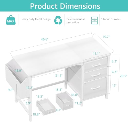 LUFEIYA WHITE DESK WITH FILE DRAWERS CABINET 47" REVERSIBLE COMPUTER DESK WHITE - Like New