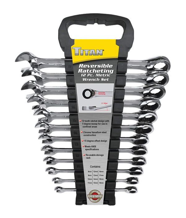 TITAN 17365 12-PIECE 12 POINT 72 TOOTH METRIC REVERSIBLE WRENCH SET - CHROME - Brand New