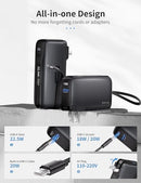 JOYFAR PORTABLE CHARGER WITH BUILT-IN USB-C CABLE & PLUG 10,000MAH 22.5W - BLACK - Brand New