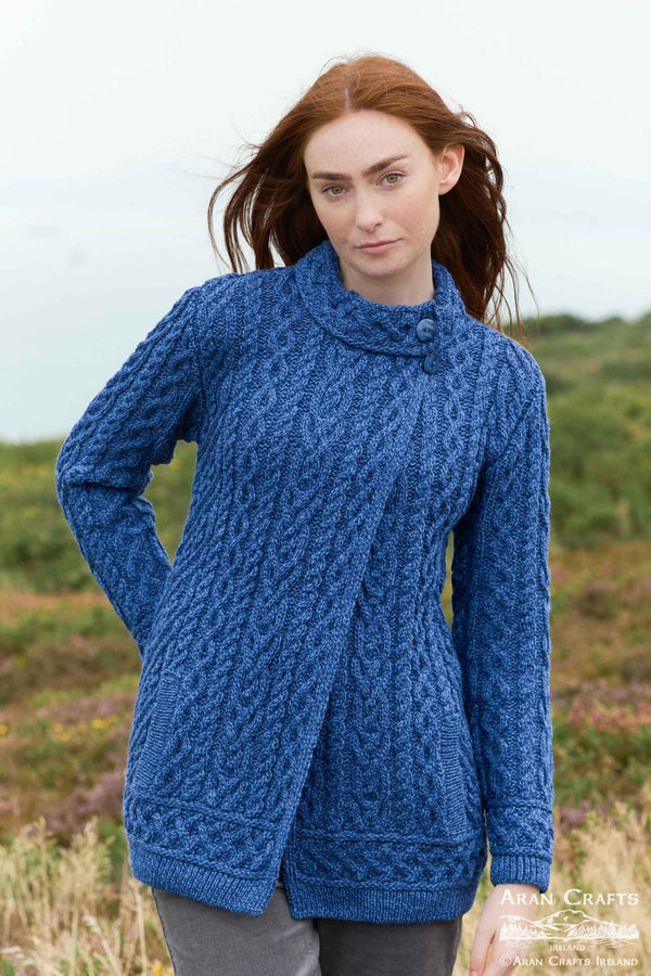 ARAN CRAFTS MERINO WOOL SWEATER CARDIGAN WITH BUTTON CLOSURE - SIZE: L - BLUE - Like New