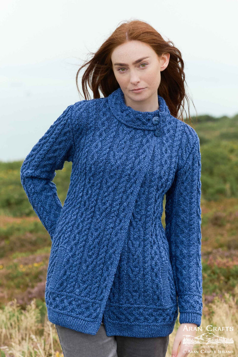 ARAN CRAFTS MERINO WOOL SWEATER CARDIGAN WITH BUTTON CLOSURE - SIZE: L - BLUE - Like New