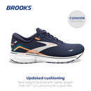 1103931D439 BROOKS MEN GHOST 15 RUNNING SHOE, PEACOAT/BLUE/ORANGE POP, SIZE 12 Like New