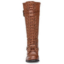 ILLUDE Women's Knee High Boots Lace Up Buckle Military Combat Boot 7.5 - Cognac - Brand New