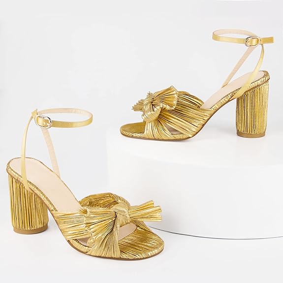 GENERIC WOMEN'S BOW KNOT ANKLE STRAP OPEN TOE HIGH BLOCK SANDALS - 11.5 - GOLD - Like New
