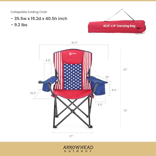 ARROWHEAD OUTDOOR PORTABLE FOLDING CAMPING QUAD CHAIR 6-CAN COOLER AMERICAN FLAG Like New