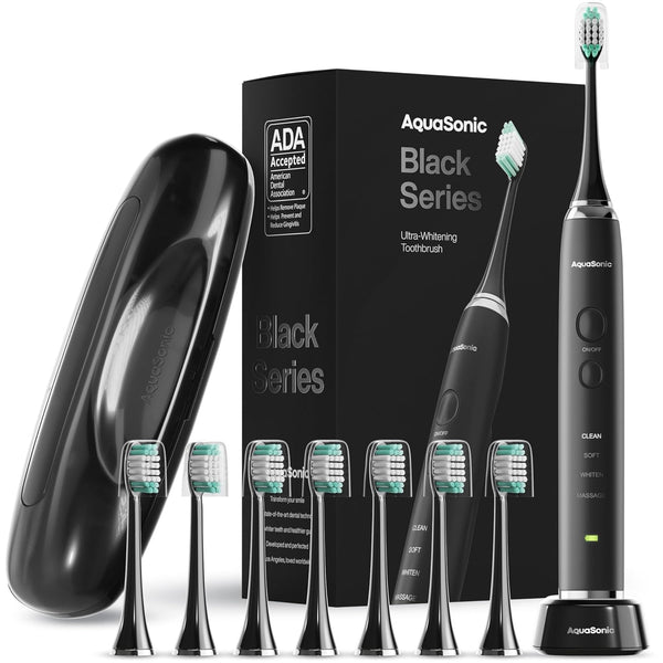 Aquasonic Black Series Ultra Whitening Toothbrush 8 Brush Head Travel Case BLACK Like New