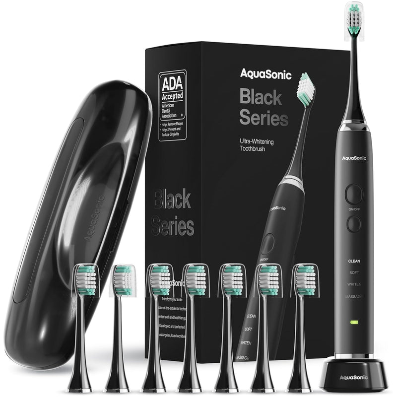 Aquasonic Black Series Ultra Whitening Toothbrush 8 Brush Head Travel Case BLACK - Like New