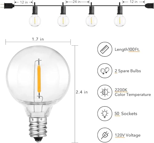 Brightown Outdoor String Lights 100 FT, 50 LED G40 Globe Bulbs - Black Like New