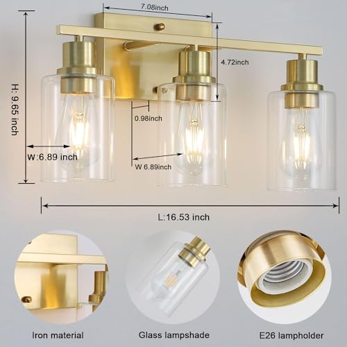 3-Lights Gold Bathroom Light Fixture, Brushed Brass Vanity Light Like New