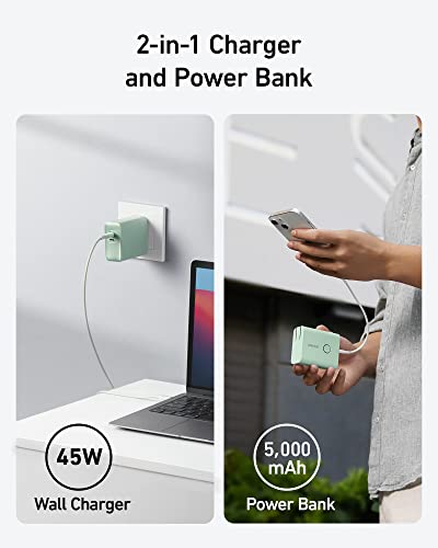 Anker 521 Power Bank 45W Wall Charger 5,000mAh 20W Portable Charger A1626 Green - Like New