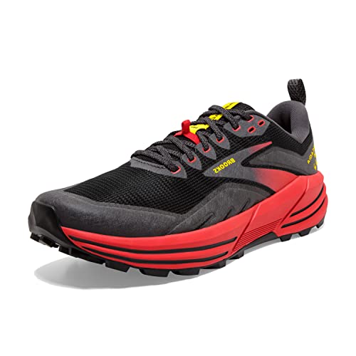 1103761D035 BROOKS CASCADIA 16 MEN'S TRAIL SHOE - BLACK/RED/YELLOW - SIZE 9.5 Like New