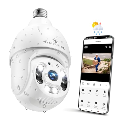 SYMYNELEC LIGHT BULB SECURITY CAMERA OUTDOOR WATERPROOF 2.5K,2.4GHZ ONLY - WHITE Like New