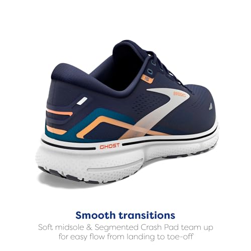 BROOKS MEN'S GHOST 15 NEUTRAL RUNNING SHOE - SIZE 9.5 WIDE - PEACOAT/BLUE/ORANGE - Like New