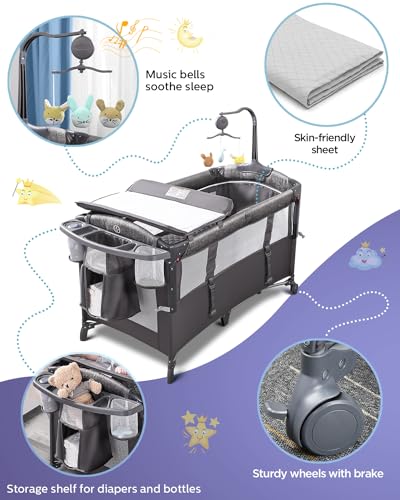 ADOVEL Baby Bassinet Bedside Crib, Pack and Play with Mattress, Diaper Changer Like New