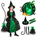 Poshetion Witch Costumes Light Up Halloween Witch Dress Witch Broom Hat - Green - Like New