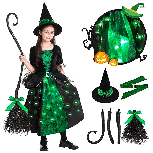 Poshetion Witch Costumes Light Up Halloween Witch Dress Witch Broom Hat - Green - Like New