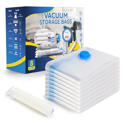 8 Jumbo Vacuum Storage Bags, Space Saver Bags, Vacuum Seal Bags with Hand Pump - Like New