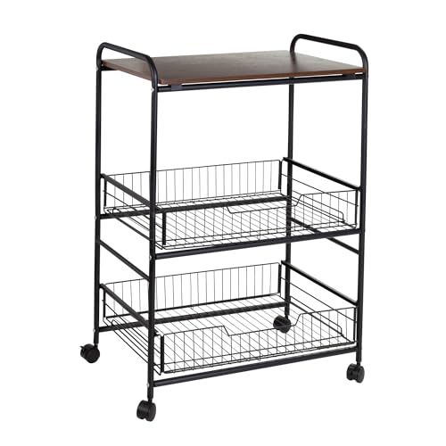 HONEY-CAN-DO 3-Tier Rolling Cart Wood Shelf Pull-Out Baskets CRT-09580 - Black Like New