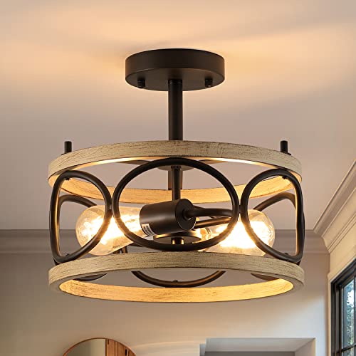 9MMML 12.8“ FLUSH MOUNT CEILING LIGHT MODERN METAL CHANDELIER - BLACK/WOOD - Like New