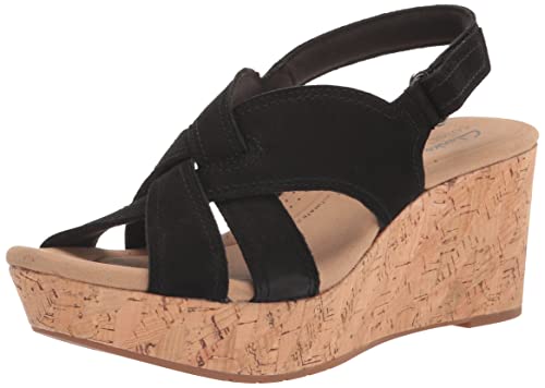 26171307 Clarks Women's Rose Erin Wedge Sandal, Black Nubuck, SIZE 10 Like New