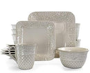 Elama Lotus 16 Piece Square Stoneware Dinnerware Set - Ivory - Brand New