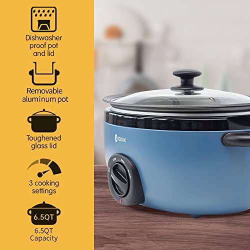 ICOOK USC-65-OP001BL 6.5 Quart Slow Cooker,Aluminium Sear/Sauté Stew Pot (Blue) Like New