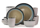Elama Modern Dot 16 Piece Stoneware Set, Taupe/Blue Trim, B07X5MPTD9 - NEW - Brand New