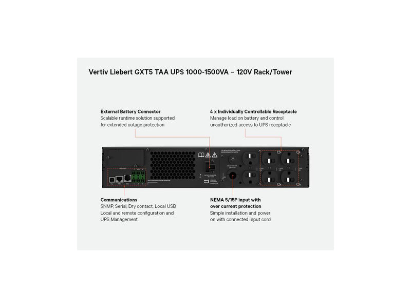 Vertiv Liebert GXT5-1000LVRT2UXLTAA UPS - 1000VA/1000W 120V Online 2U Rack/Tower