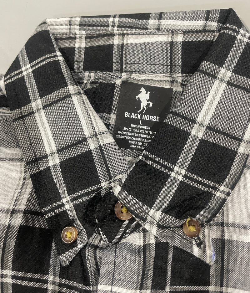 BLACK HORSE MEN'S L WOVEN PLAID SHIRT - BLACK AND WHITE MENS - BLACK AND WHITE - Brand New